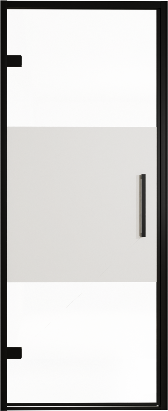 Balmani Senses Design Dusche Drehtür, Links, 90 cm x 210 cm, Klarglas mit mattiertem Streifen, Profil Schwarz, inklusive Coating