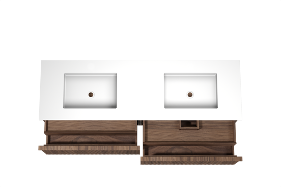 Balmani Forma meuble salle de bains suspendu 180 x 55 cm noyer américain avec Tablo Stretto double vasque en solid surface blanc mat, Nervure droite symétrique verticale