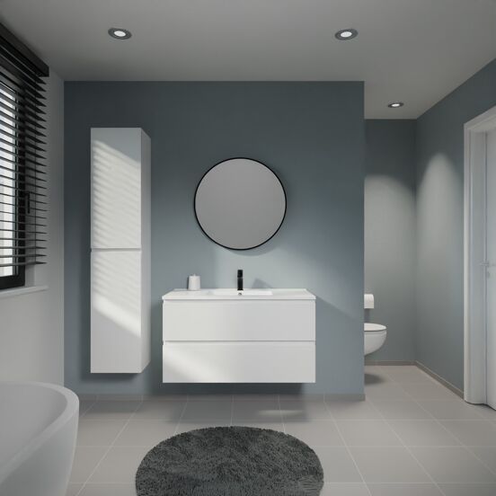 Linie Lado meuble salle de bains suspendu 100 x 46 cm blanc mat avec Vano plan simple en marbre composite blanc mat
