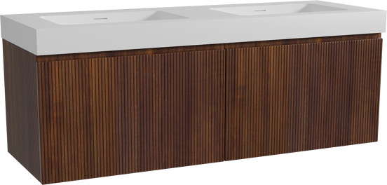 Storke Ribs zwevend badmeubel 150 x 52 cm notenhout met Mata High dubbele wastafel in solid surface mat wit, Verticale symmetrische rechte ribbel