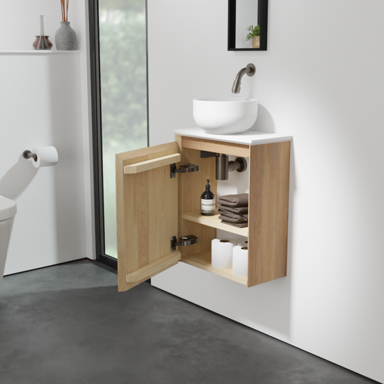 Balmani Mitra zwevend toiletmeubel 42 x 21 cm naturel eiken met Facetta wastafelblad en Jazz waskom in matte Solid Surface