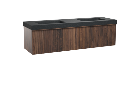 Balmani Forma zwevend badkamermeubel 180 x 55 cm amerikaanse notelaar met Napoli dubbele wastafel in graniet zwart, Verticale symmetrische rechte ribbel
