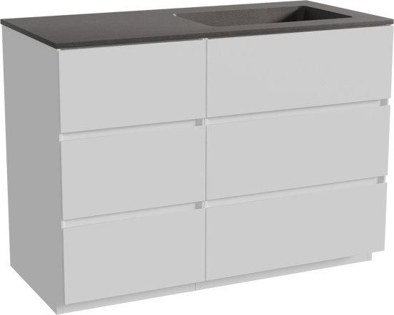 Storke Edge meuble salle de bains à poser 110 x 52 cm blanc mat avec Scuro plan vasque asymétrique à droite en quartz noir mat