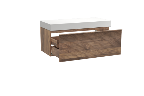 Balmani Forma hängendes Möbelstück Set: 120 x 55 cm, Amerikanischer Nussbaum, mit Dominus Einzel- oder Doppel Waschtischplatte, Solid Surface, Weiß matt, Horizontale symmetrische gerade Rippe