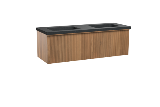 Balmani Forma zwevend badkamermeubel 150 x 55 cm teak met Napoli dubbele wastafel in graniet zwart, Verticale symmetrische rechte ribbel