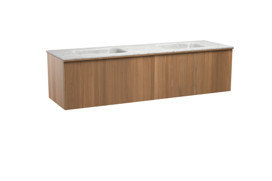 Balmani Forma zwevend badkamermeubel 180 x 55 cm teak met Tablo Arcato dubbele wastafel in marmer carrara, Verticale symmetrische rechte ribbel