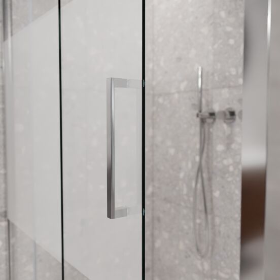 Balmani Senses Design douchehoek met linkse schuifdeur en vaste zijwand, 140 x 80 cm, Helder glas met matte strook, Glanzend chroom profielen, met coating