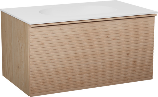 Balmani Forma zwevend badkamermeubel 90 x 55 cm natuur eik met Tablo Oval enkele wastafel in solid surface mat wit, Horizontale symmetrische rechte ribbel