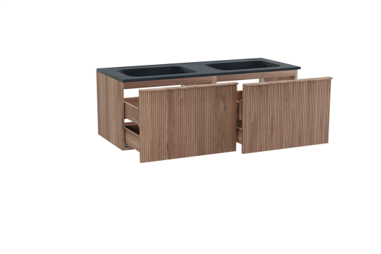 Balmani Forma hängendes Möbelstück Set: 135 x 55 cm, Teak, mit Tablo Strada Doppelwaschtisch, Marmorkomposit, Schwarz matt, Vertikale symmetrische gerade Rippe