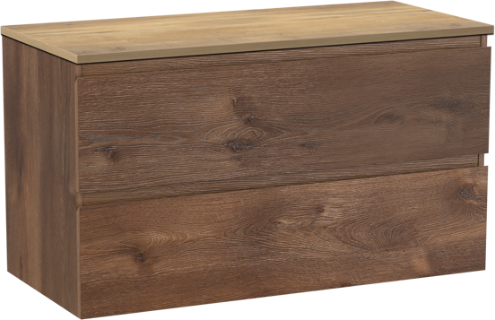 Linie Lado hängendes Möbelstück Set: 100 x 46 cm, Braune Eiche, mit Lado Einzel- oder Doppel Waschtischplatte, Melamin Naturbelassene Eiche