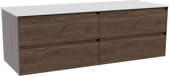 Balmani Mitra hängendes Möbelstück Set: 150 x 55 cm, Amerikanischer Nussbaum, mit Stretto Einzel- oder Doppel Waschtischplatte, Solid Surface Weiß matt