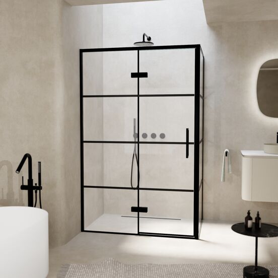 Balmani Senses Design douchehoek met linkse draaideur en vaste zijwand, 120 x 90 cm, Lined, Zwarte profielen, met coating