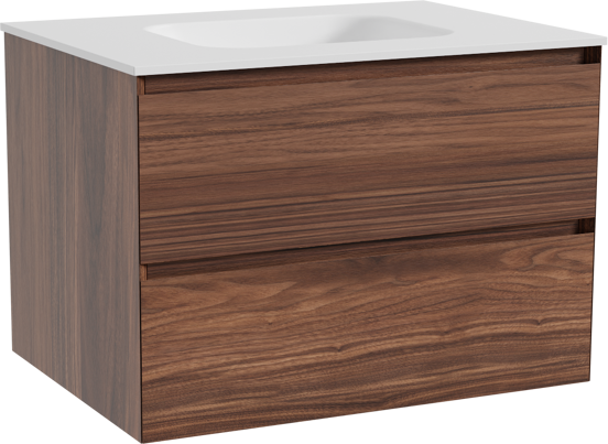 Balmani Mitra zwevend badkamermeubel 75 x 55 cm notelaar met Tablo Arcato enkele wastafel in solid surface mat wit