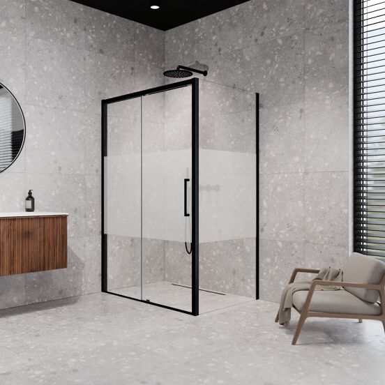 Balmani Senses Design douchehoek met linkse schuifdeur en vaste zijwand, 120 x 90 cm, Helder glas met matte strook, Mat zwart profielen, met coating