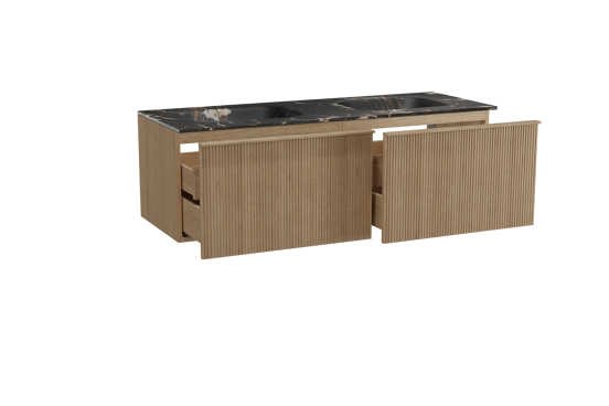 Balmani Forma zwevend badkamermeubel 150 x 55 cm natuur eik met Tablo Arcato dubbele wastafel in marmer portoro gold, Verticale symmetrische rechte ribbel