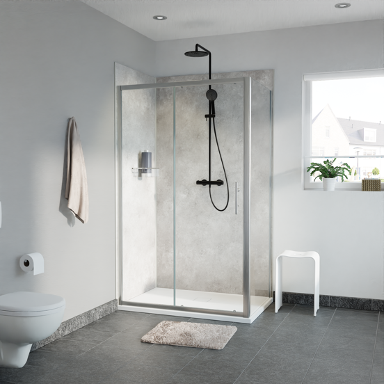 Linie Cadiz douchehoek met schuifdeur en vaste zijwand, 120 x 90 cm, helder glas, geborstelde chroom profielen