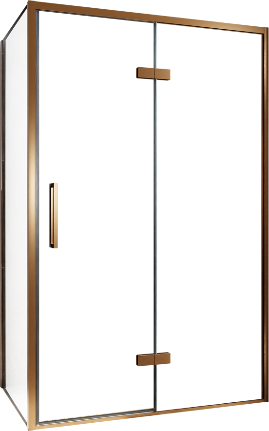 Balmani Senses Design Eckdusche: Drehtür (Rechts) mit fixierte Seitenwand, 120 x 100 cm, Klarglas, Profil Brushed Rosegold, inklusive Coating