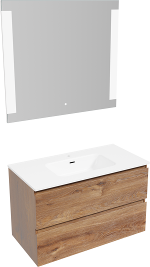 Linie Lado meuble de salle de bains suspendu 90 x 46 cm chêne brun avec Baro plan simple en porcelaine blanc mat et Lunar miroir