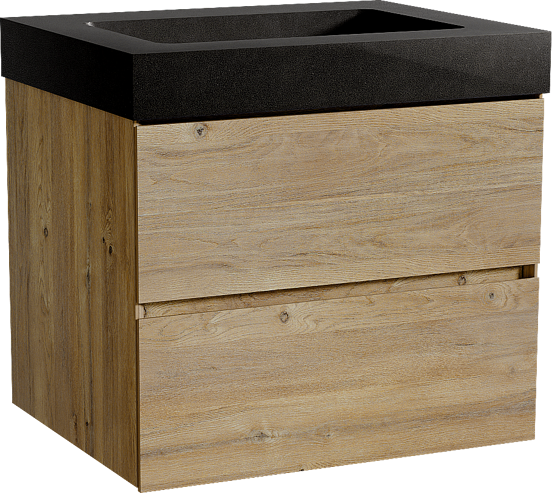 Storke Edge meuble salle de bains suspendu 65 x 52 cm chêne brut avec Scuro High plan simple en quartz noir mat