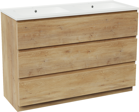 Linie Lado freistehendes Möbelstück Set: 120 x 46 cm, Naturbelassene Eiche, mit Vano Doppelwaschtisch, Marmorkomposit Weiß glänzend