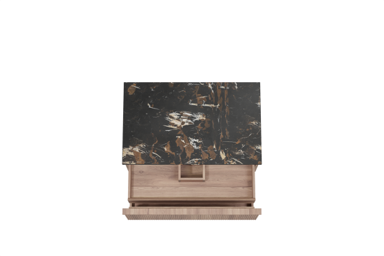 Balmani Forma hängendes Möbelstück Set: 90 x 55 cm, Teak, mit Stretto Einzel Waschtischplatte, Marmor, Portoro Gold, Vertikale symmetrische gerade Rippe