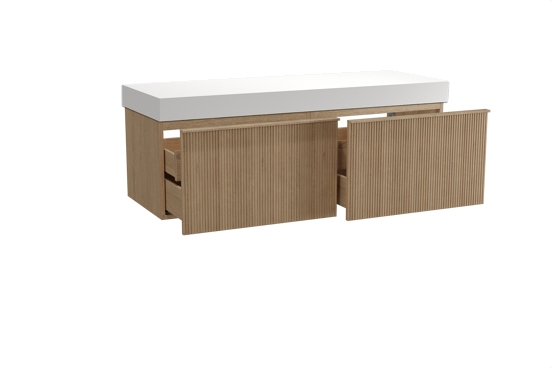 Balmani Forma hängendes Möbelstück Set: 150 x 55 cm, Naturbelassene Eiche, mit Dominus Einzel- oder Doppel Waschtischplatte, Solid Surface, Weiß matt, Vertikale symmetrische gerade Rippe