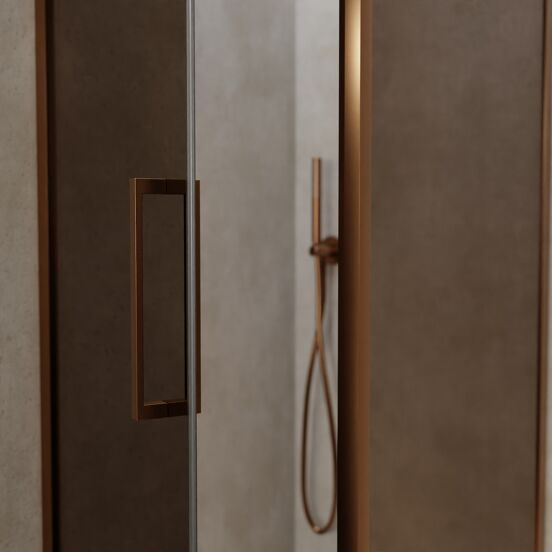 Balmani Senses Design douchehoek met linkse draaideur en vaste zijwand, 90 x 90 cm, Brons, Brushed Rosegold profielen, met coating
