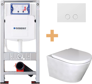 WC Set: Luca Varess Calibro Hänge WC, Weiß glänzend, spülrandlos, inkl. Medio WC Sitz, Burda Element für Wand-WC mit Geberit Sigma UP320 Spülkasten und Luca Varess Betätigungsplatte