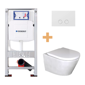 Luca Varess Calibro hangtoilet glanzend wit randloos met medio wc-bril en Geberit Sigma inbouwspoelreservoir UP320 met Burda frame met bedieningspaneel