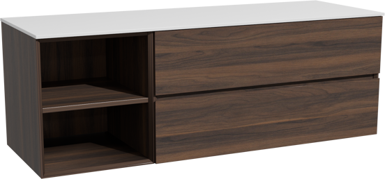 Storke Edge zwevend badmeubel 150 x 52 cm notenhout met Tavola enkel of dubbel wastafelblad in solid surface mat wit