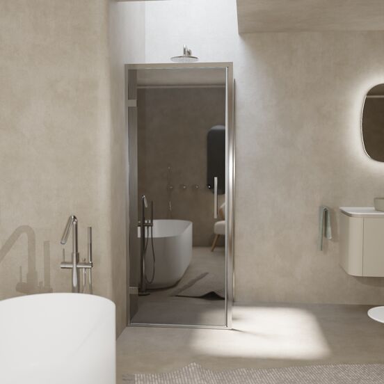 Balmani Senses Design douchehoek met linkse draaideur en vaste zijwand, 90 x 90 cm, Reflex spiegelglas, Chroom profielen, met coating