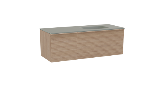 Balmani Forma zwevend badmeubel 135 x 55 cm naturel eiken met Tablo Arcato asymmetrisch rechtse wastafel in solid surface steengrijs, Horizontale symmetrische rechte ribbel