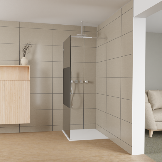 Balmani Modular inloopdouche: 90 x 200 cm, Rookglas met matte strook met coating, Hoogglans chroom profielen