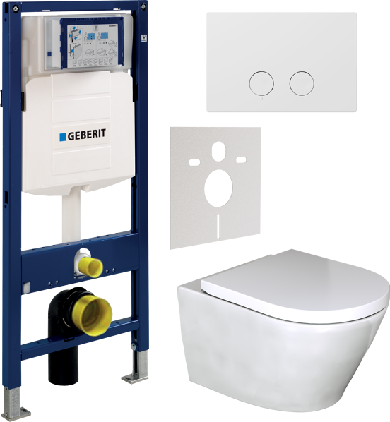 Luca Varess Calibro wc suspendu blanc brillant sans bride avec Geberit UP320 Systemfix bâti-support et plaque de commande