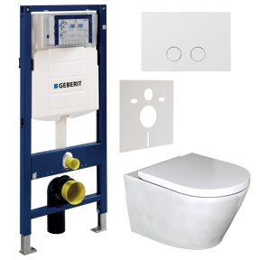 Luca Varess Calibro wc suspendu blanc brillant sans bride avec Geberit UP320 Systemfix bâti-support et plaque de commande