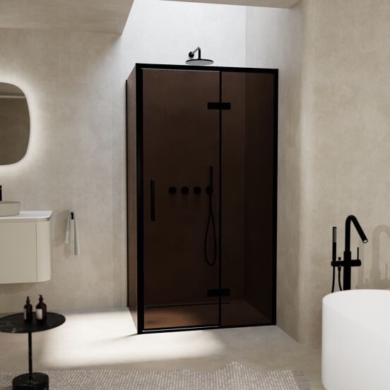 Balmani Senses Design douchecabine met rechtse draaideur en vaste zijwand, 100 x 80 cm, Brons, Zwarte profielen