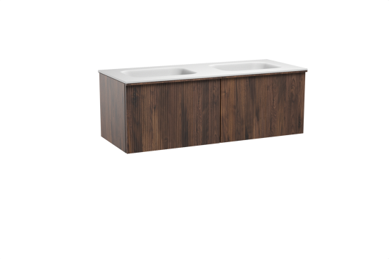 Balmani Forma hängendes Möbelstück Set: 135 x 55 cm, Amerikanischer Nussbaum, mit Tablo Arcato Doppelwaschtisch, Solid Surface, Weiß matt, Vertikale symmetrische gerade Rippe