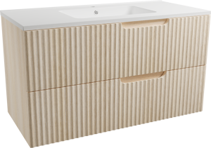Linie Ribbo zwevend badkamermeubel 100 x 46 cm lichte eik met Vano enkele wastafel in composietmarmer mat wit, Verticale symmetrische ronde ribbel