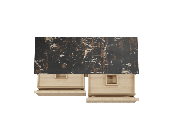 Balmani Forma zwevend badmeubel 150 x 55 cm naturel eiken met Stretto enkel of dubbel wastafelblad in marmer portoro gold, Verticale asymmetrische ronde ribbel