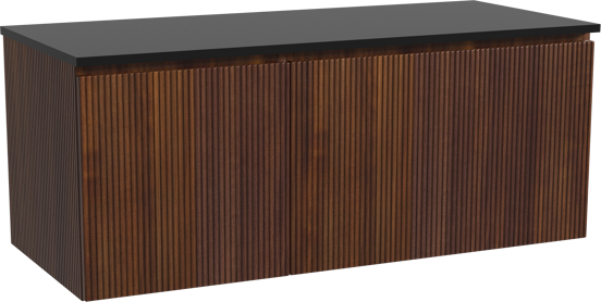 Storke Ribs zwevend badmeubel 120 x 52 cm notenhout met Panton enkel of dubbel wastafelblad in gepoedercoate mdf mat zwart, Verticale symmetrische rechte ribbel