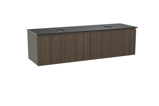 Balmani Sfera hängendes Möbelstück Set: 180 x 55 cm, Eucalyptus, mit Facetta Doppel Waschtischplatte, Schwarzes Granit