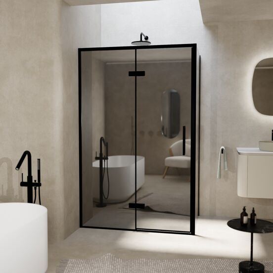 Balmani Senses Design douchehoek met linkse draaideur en vaste zijwand, 120 x 90 cm, Reflex spiegelglas, Zwarte profielen, met coating