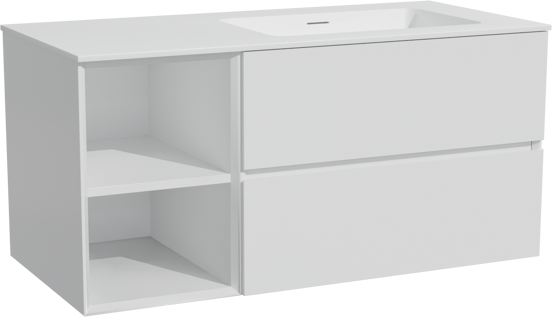 Storke Edge meuble salle de bains suspendu 110 x 52 cm blanc brillant avec Mata plan vasque asymétrique à droite en solid surface blanc mat