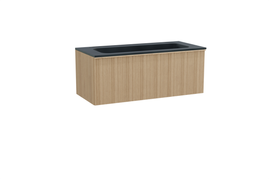Balmani Forma zwevend badkamermeubel 120 x 55 cm natuur eik met Tablo Strada enkele wastafel voor 2 kraangaten in composietmarmer mat zwart, Verticale asymmetrische ronde ribbel