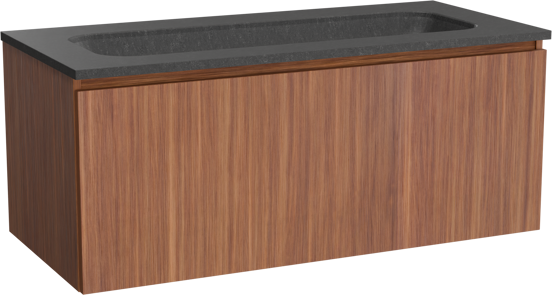 Balmani Sfera hängendes Möbelstück Set: 120 x 55 cm, Amerikanischer Nussbaum, mit Tablo Arcato Einzelwaschtisch für 2 Armaturenlöcher, Schwarzes Granit