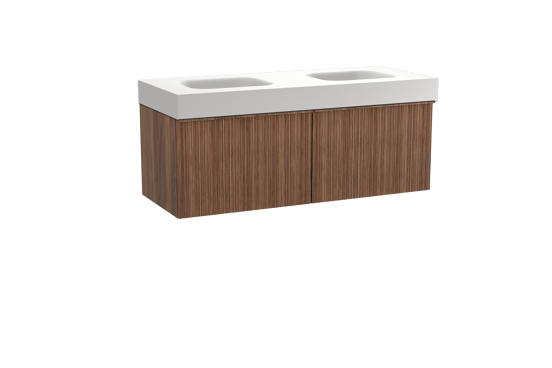 Balmani Forma zwevend badkamermeubel 135 x 55 cm amerikaanse notelaar met Arcato dubbele wastafel in solid surface mat wit, Verticale asymmetrische ronde ribbel