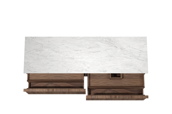 Balmani Forma hängendes Möbelstück Set: 180 x 55 cm, Amerikanischer Nussbaum, mit Stretto Einzel- oder Doppel Waschtischplatte, Marmor, Carrara, Vertikale symmetrische gerade Rippe