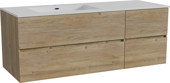 Storke Edge meuble salle de bains suspendu 140 x 52 cm chêne brut avec Diva plan vasque asymétrique à gauche en marbre composite blanc brillant