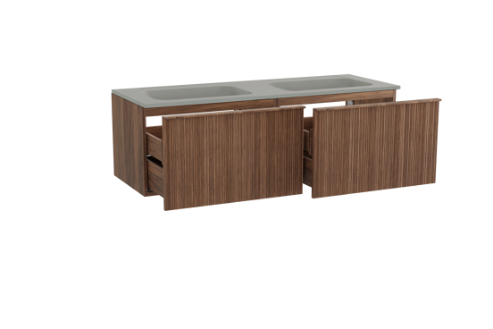 Balmani Forma zwevend badkamermeubel 150 x 55 cm amerikaanse notelaar met Tablo Strada dubbele wastafel in composietmarmer zijdegrijs, Verticale asymmetrische ronde ribbel