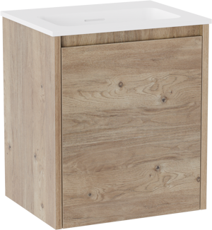 Storke Seda zwevend badkamermeubel 45 x 35 cm ruwe eik met Mata enkele wastafel in Solid Surface mat wit